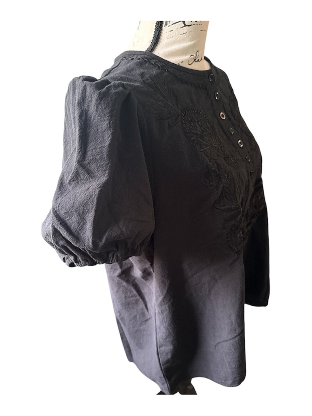 Black whimsy goth embroidered boho puff short sleeves peasant women’s top Sz XL - Picture 2 of 9